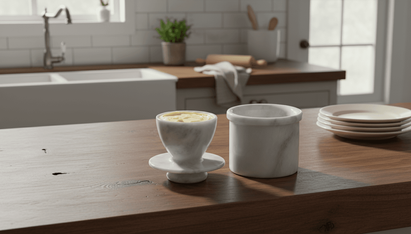 Marble butter keeper on a table ready for serving