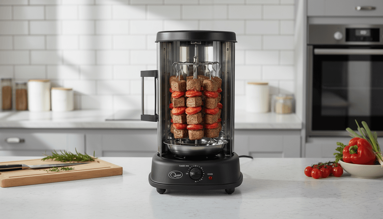 Countertop electric rotisserie on a kitchen worktop